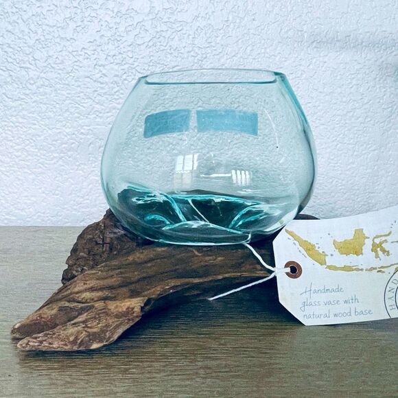 Molten Glass Vase on Driftwood Base Terrarium Decor - Picture 1 of 5